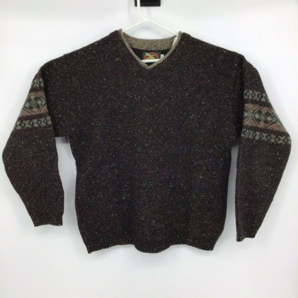 Vintage Alps Mountaineering Men’s Size Large V-Neck Wool Blend Sweater Brown Tan